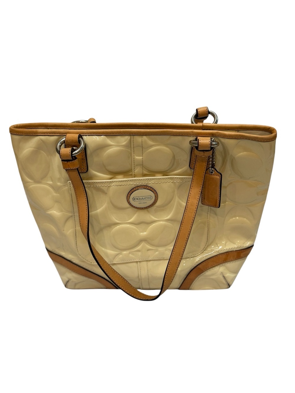 Coach Peyton Embossed Patent Leather Signature Logo Cream Tote Purse F22322